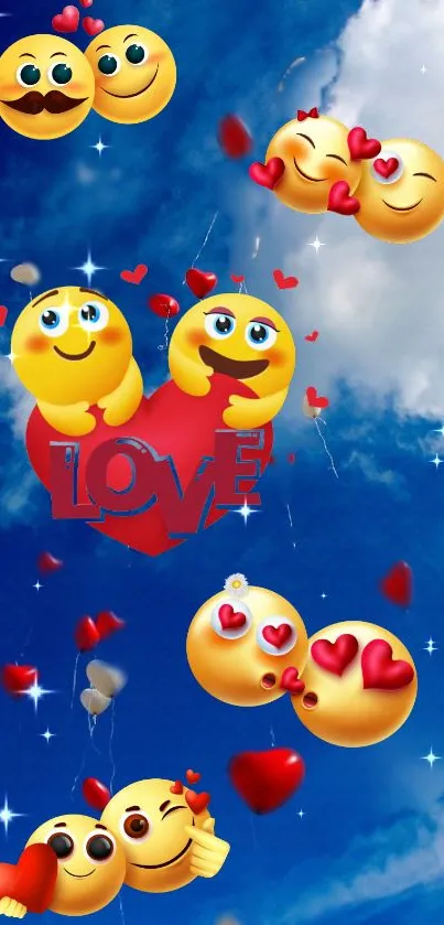 Romantic emoji sky wallpaper with hearts.