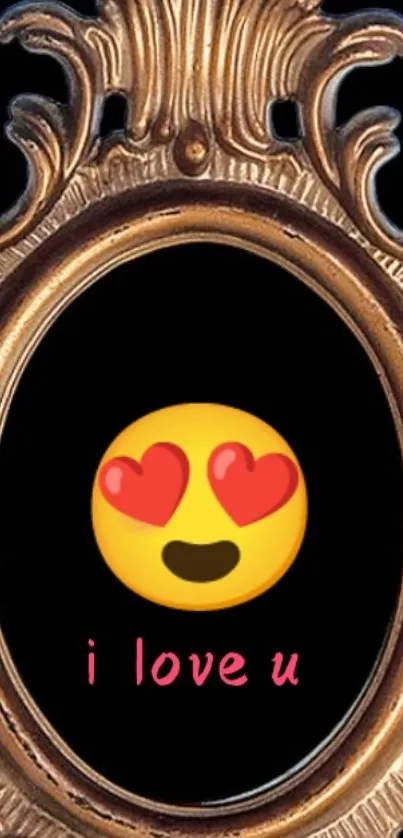 Heart-eye emoji in ornate mirror with 'i love u' message.