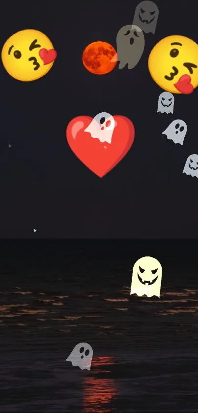 Romantic dark beach wallpaper with emoji and moon.