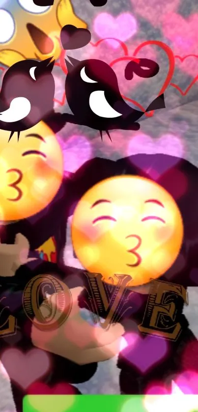 Romantic wallpaper with emojis, hearts, and love symbols in vibrant colors.