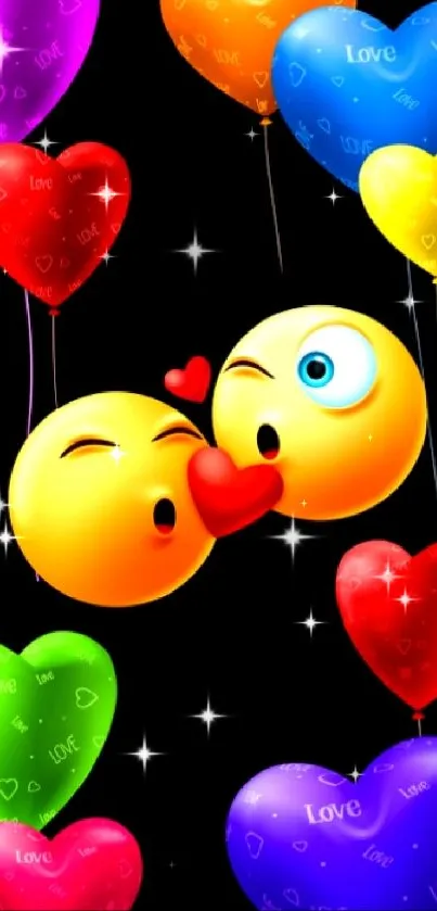 Kissing emoticons surrounded by vibrant heart balloons on black background.