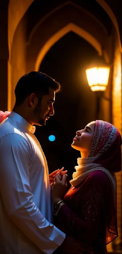 Romantic couple under a vintage lamp glow.