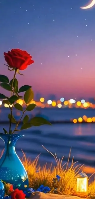 Red rose in blue vase under crescent moon on starry evening.