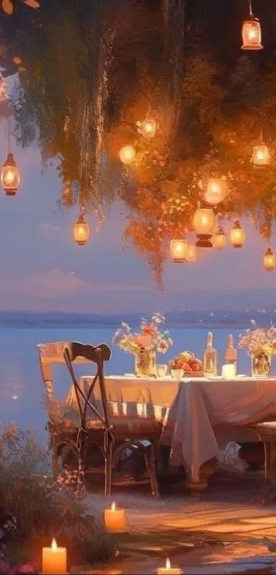 Romantic lakeside dinner under glowing lanterns overlooking a serene view.