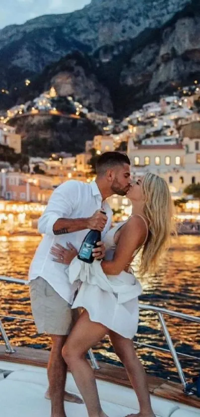 Couple enjoying a romantic evening on a boat by the sea.