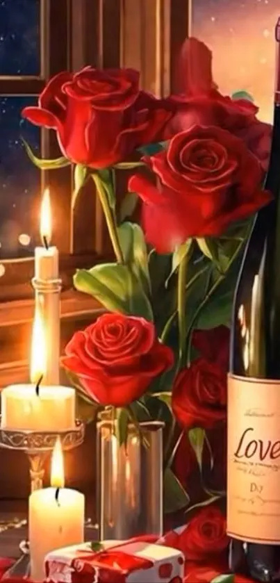 Romantic candlelit dinner with red roses and wine.