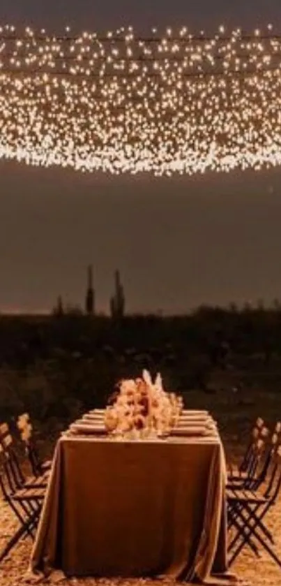 Romantic desert dining setup under twinkling string lights.