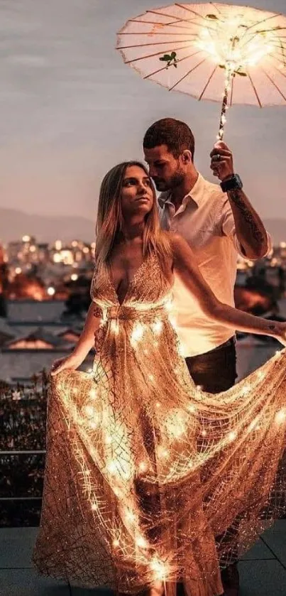 Couple under a glowing umbrella with city lights in the background.