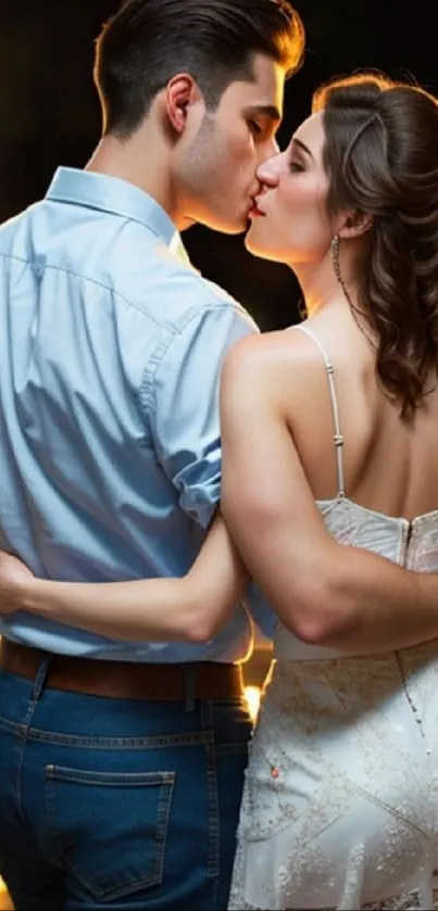 Romantic couple kissing under soft lights.