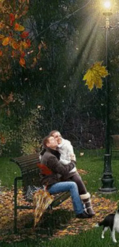 Romantic couple on park bench with autumn leaves.