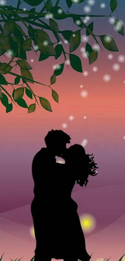 Silhouette of a couple under a twilight sky with leaves and glowing lights.