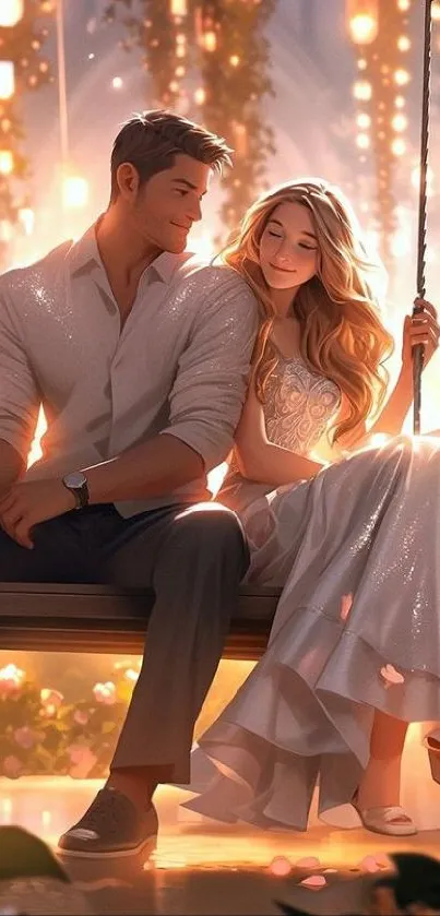 Romantic couple on a swing under glowing lights, creating a dreamy evening ambiance.