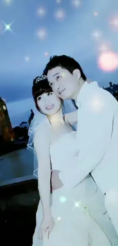 Romantic wedding couple under blue sky with glowing lights in evening cityscape.