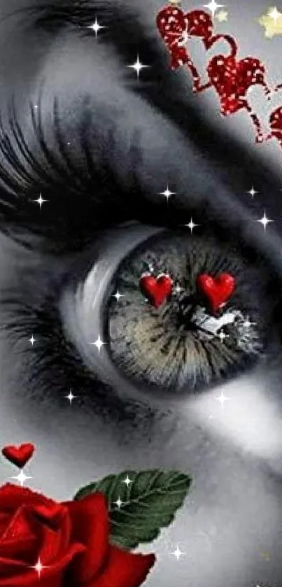 Close-up of an eye with red roses and hearts mobile wallpaper.