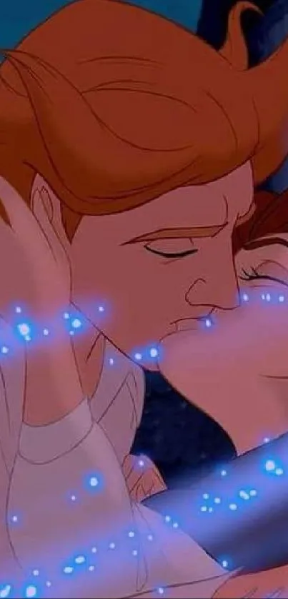 Romantic animated kiss with magical sparkles and dark blue background.