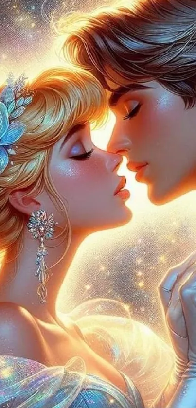 Romantic couple in fairytale art with a glowing, golden backdrop.