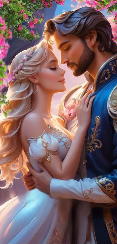 Romantic couple in fairytale setting with elegant attire and vibrant colors.