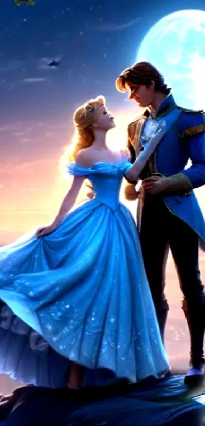 Fairytale couple gracefully standing under the moonlit sky.