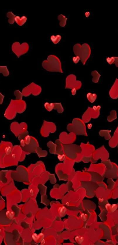 Red hearts falling on black background, romantic wallpaper.