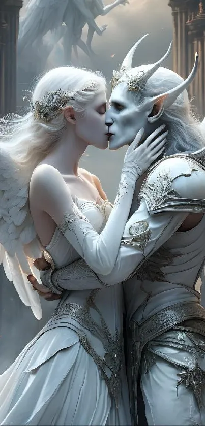 A romantic fantasy wallpaper depicting an angelic couple embracing.