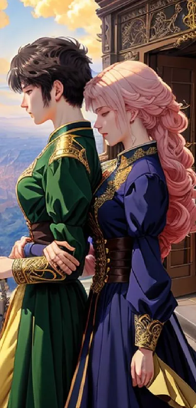 Anime characters on balcony with sunset cityscape.