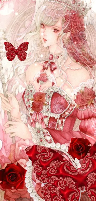 Fantasy princess art with roses and butterflies in red hues.