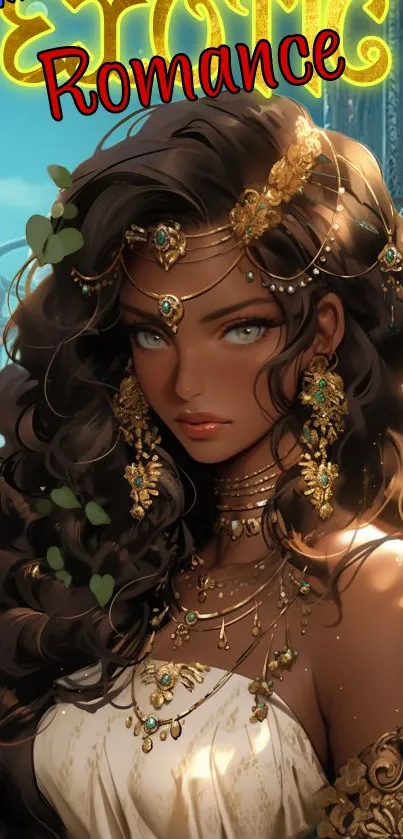 Elegant fantasy character with ornate jewelry in a mystical setting.