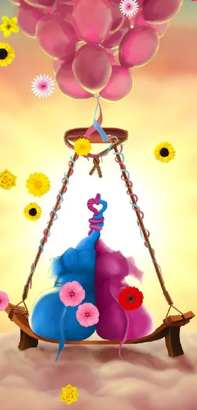 Romantic balloon wallpaper with pink and blue creatures on a swing.