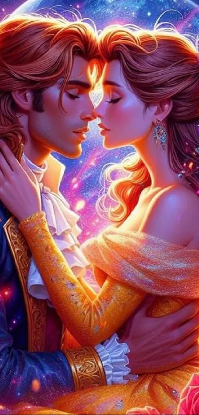 Romantic couple in vibrant fantasy art wallpaper.