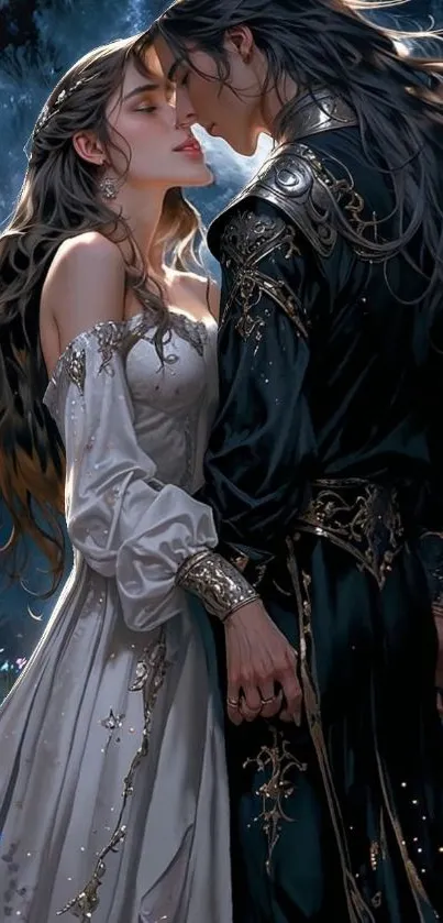 Artistic illustration of a romantic couple in a fantasy setting under the moonlight.