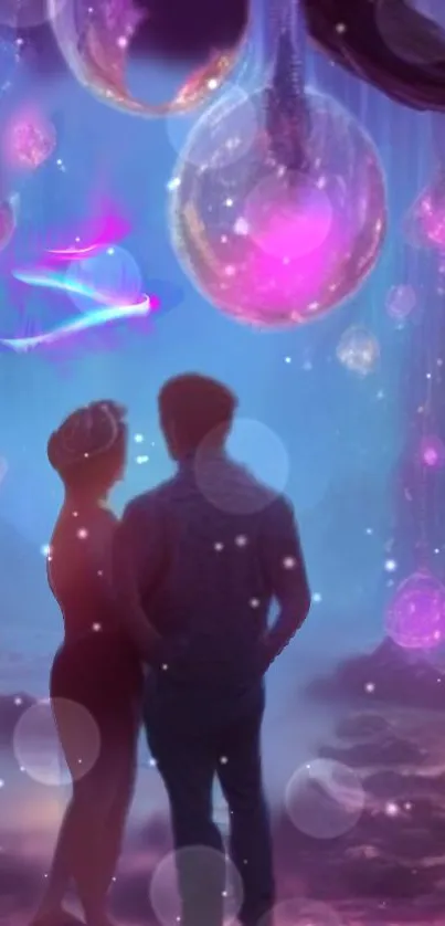 Fantasy wallpaper of a couple silhouetted with glowing orbs and magical colors.