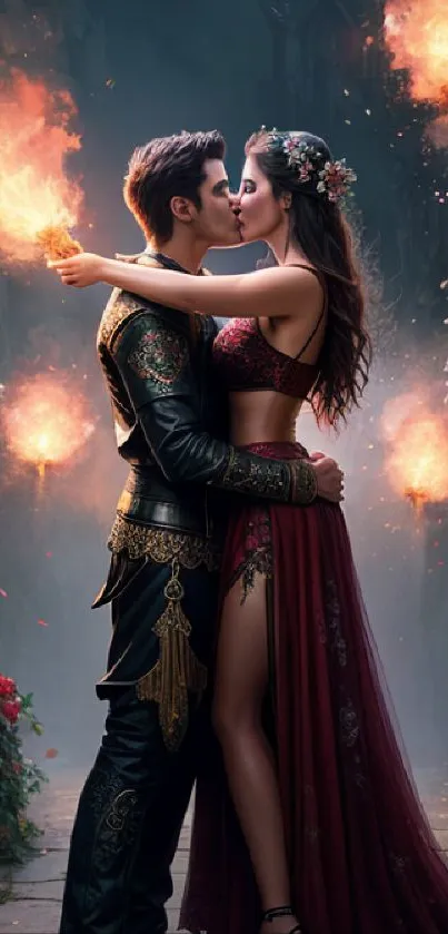Fantasy couple in romantic embrace with fiery magical backdrop.