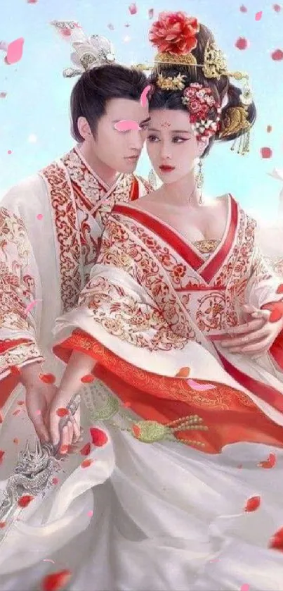 Romantic couple in traditional attire with vibrant red accents.