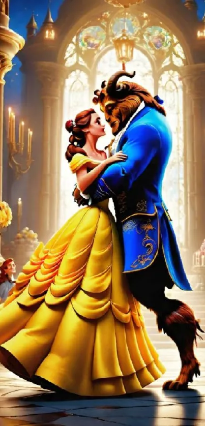 Beauty and the Beast enchanting dance scene in a grand ballroom.