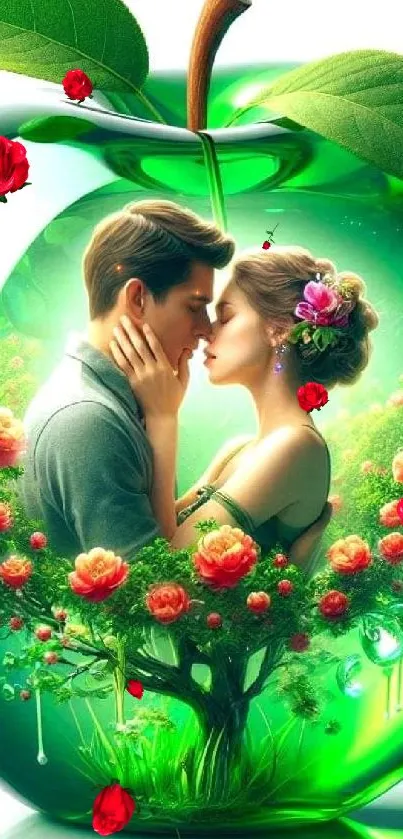 Romantic couple inside green apple with roses, fantasy art wallpaper.