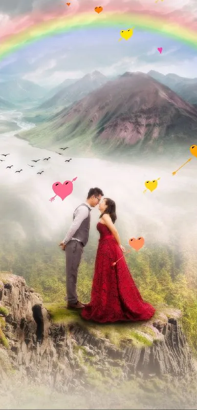 Romantic couple under rainbow with castle and mountains in a fantasy landscape.