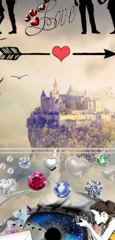 Romantic fantasy wallpaper with silhouettes, hearts, and a dreamy castle.