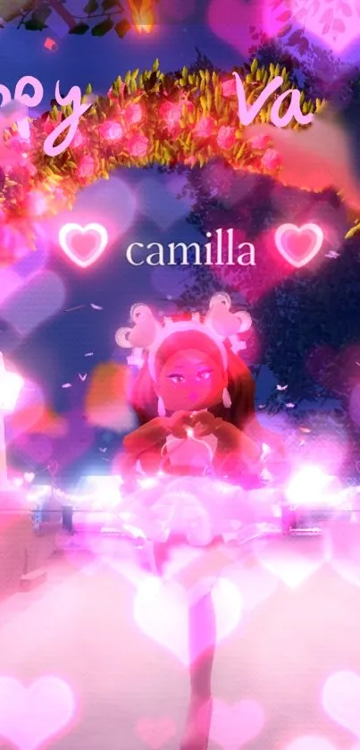 Romantic scene with vibrant pink hearts and glowing lights in a fantasy setting.