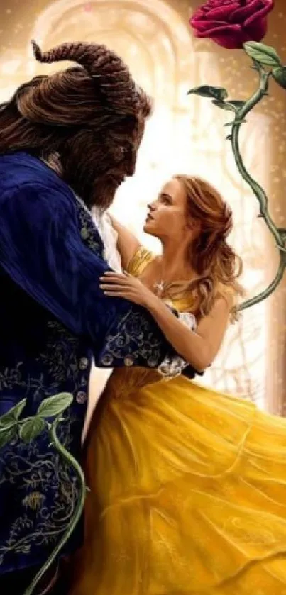 Enchanting characters dancing in a vivid fairy tale setting with a prominent rose.