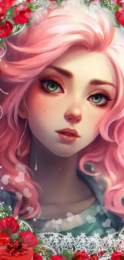 Fantasy portrait wallpaper with pink-haired girl and red roses.