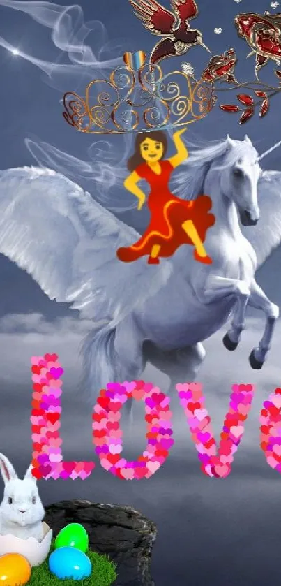 Flying unicorn with love in mystical sky scenery.