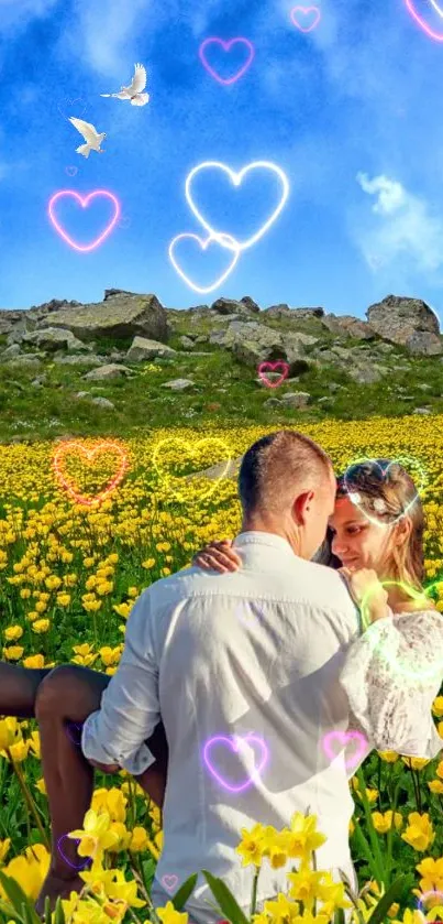 Romantic couple in yellow flower field under a blue sky with heart shapes.