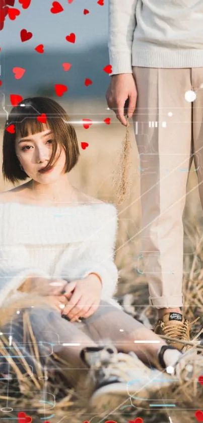 Woman in field with digital hearts overlay, creating a romantic wallpaper.