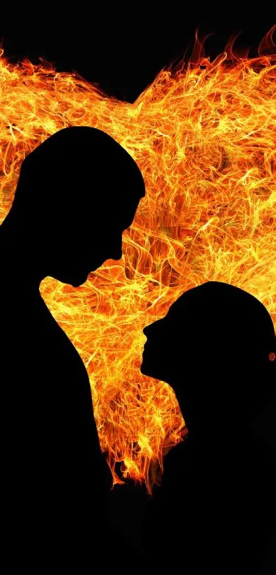 Silhouette couple with fiery heart background, radiating romance and passion.