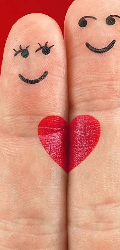 Two smiling fingers with a heart on a red background.