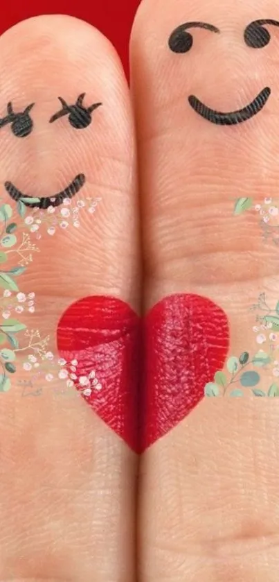 Cute finger heart illustration with smiling faces and red heart.