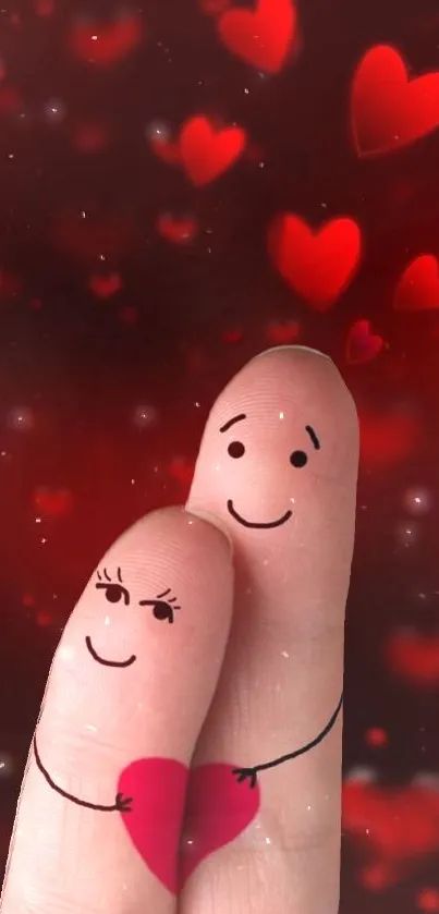 Romantic finger art with heart motifs on a mobile wallpaper background.