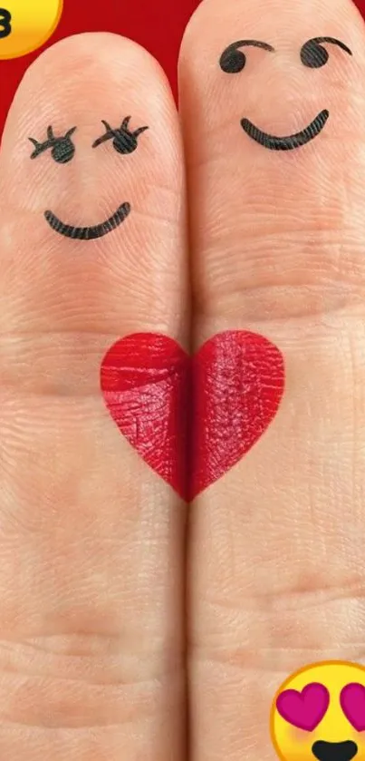 Romantic finger art with heart and emojis on a red background.