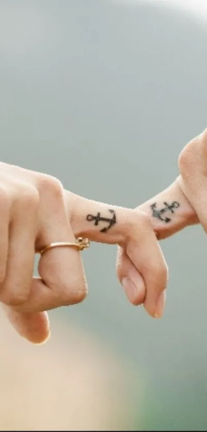 Romantic finger tattoos touching gently, symbolizing love.