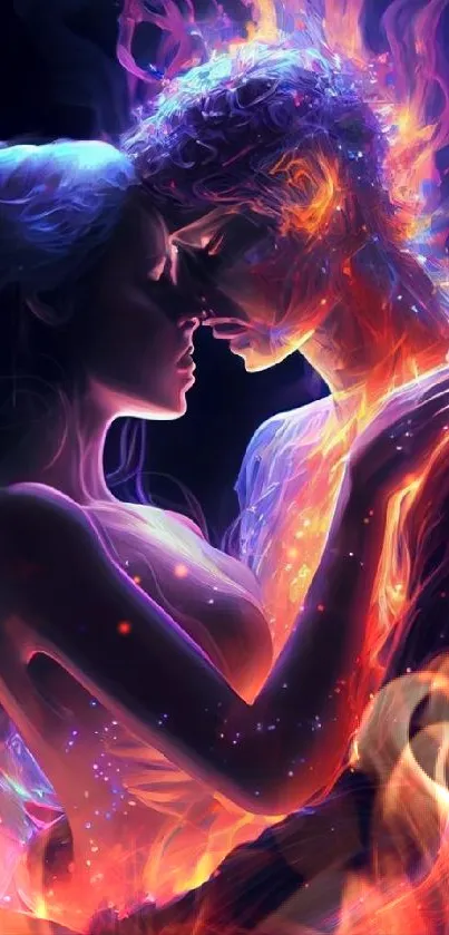 A fiery, romantic couple embraces against a vibrant, contrasting background.